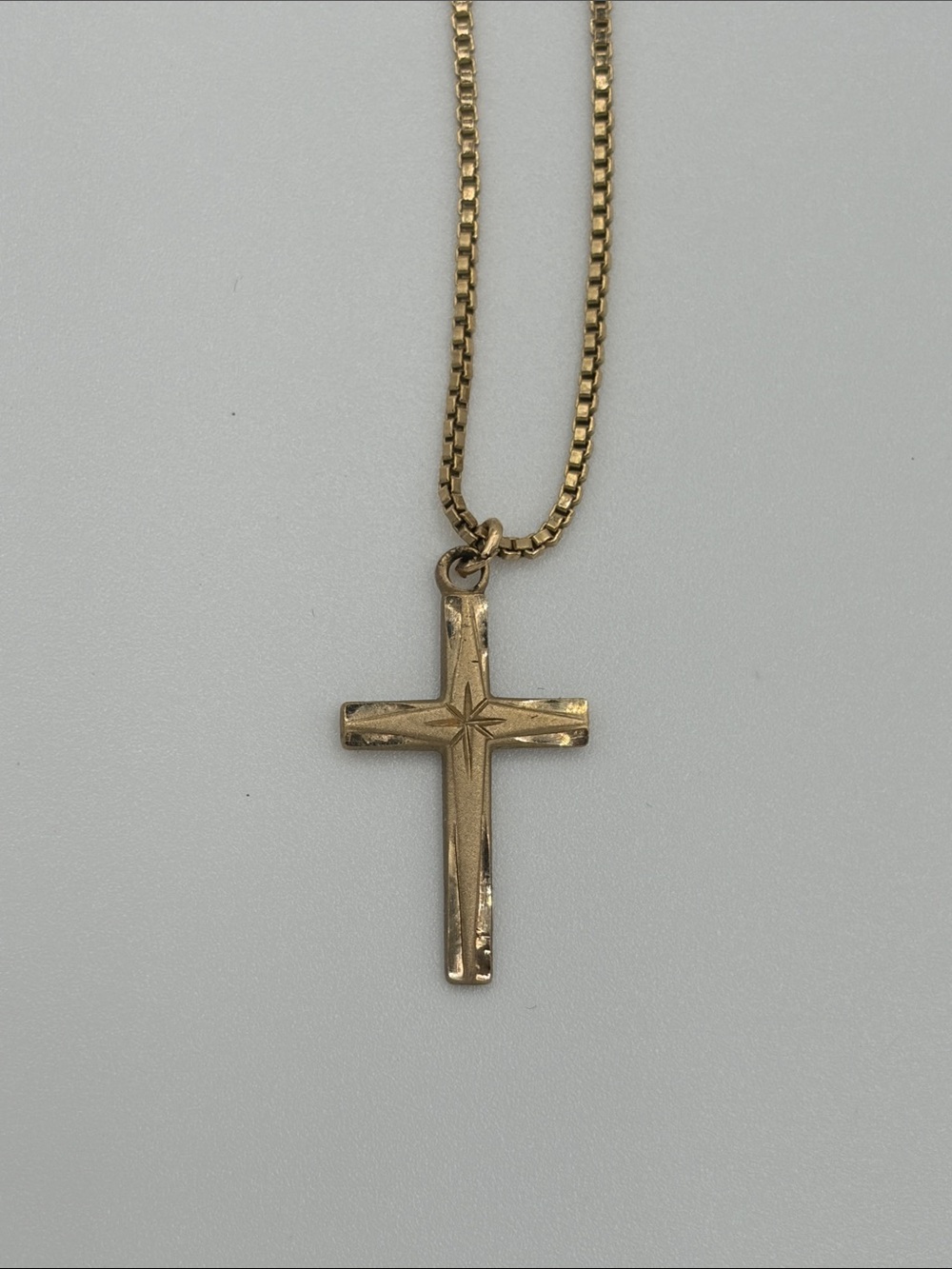 Small gold filled cross pendant on 20” gold filled box chain